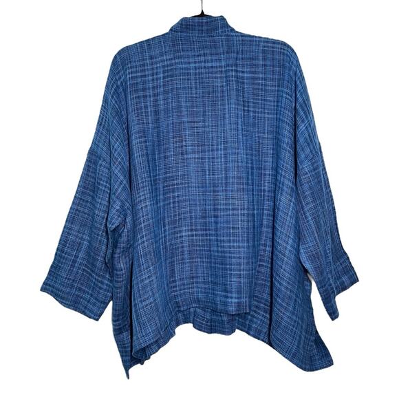 Eskandar Blue Textured Plaid Linen Mandarin Collar Relaxed Button Up Jacket 0 - Picture 2 of 11
